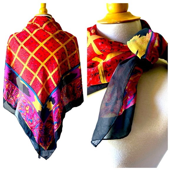 Vintage Gillian Maximalism Jewel tone Paisley Large Square Silk Scarf - Picture 1 of 8